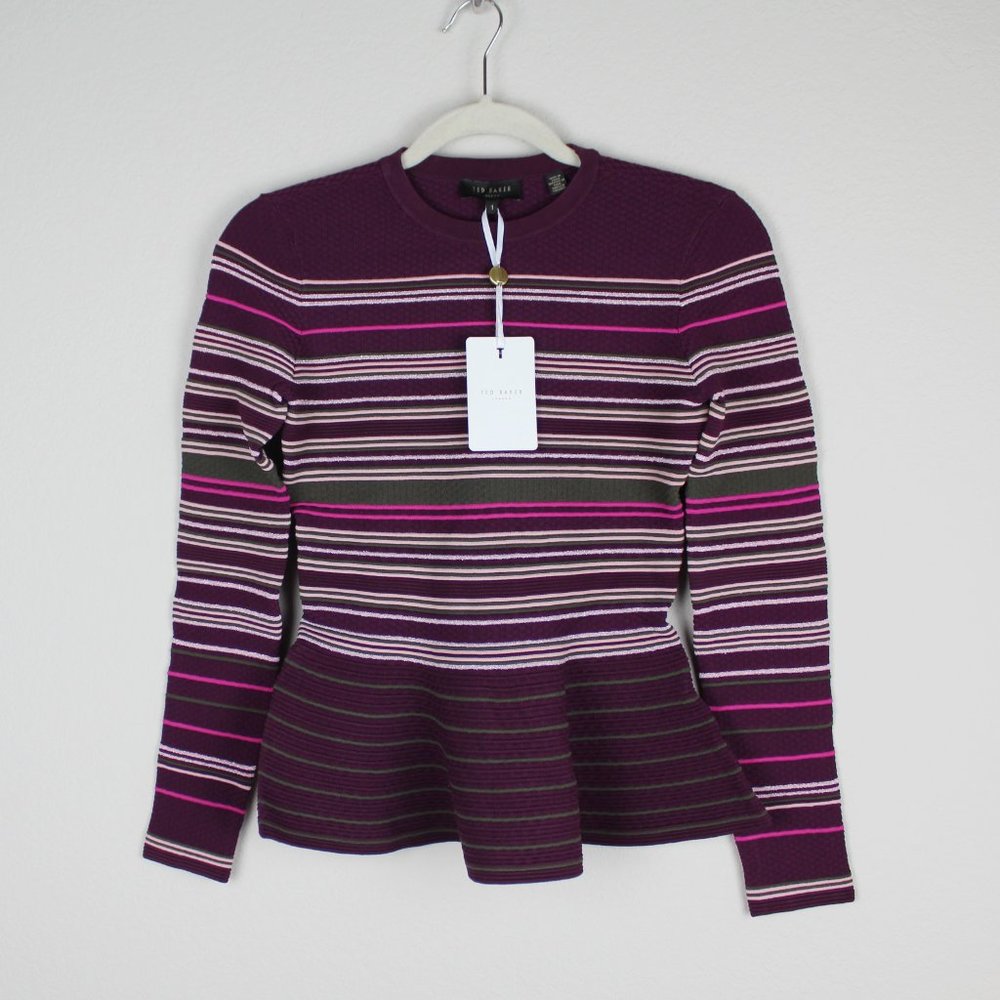 NWT TED BAKER LONDON Stripe Crew Neck Peplum Sweater - Picture 2 of 8